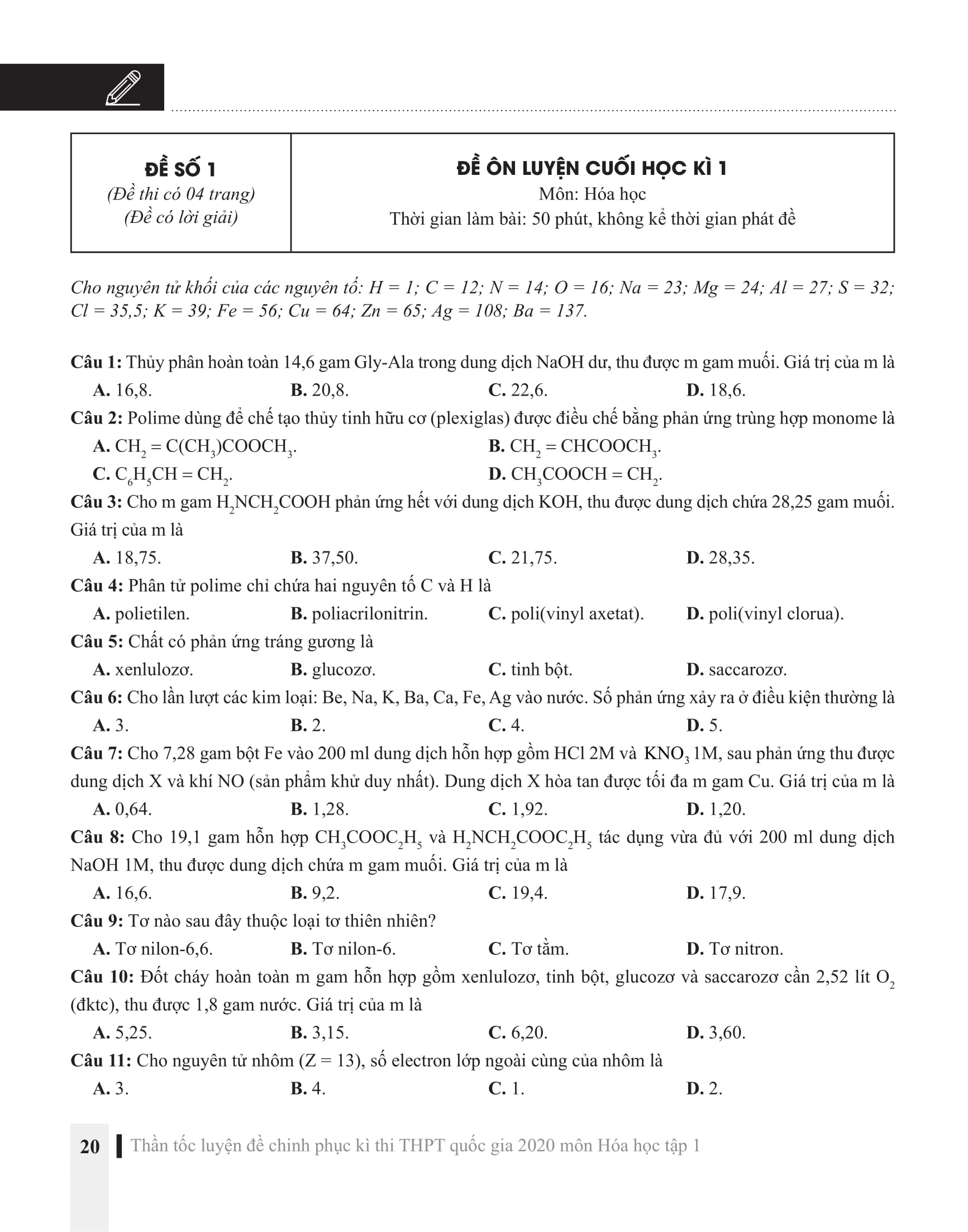 CC Thần tốc luyện đề 2020 môn Hóa học tập 1