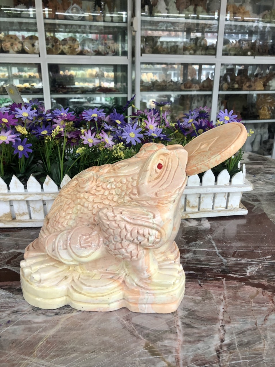 Tượng Cóc Ba Chân, Cóc Ngậm Tiền, Thiềm Thừ phong thủy chiêu tài lộc đá ngọc serpentine - Dài 15 cm