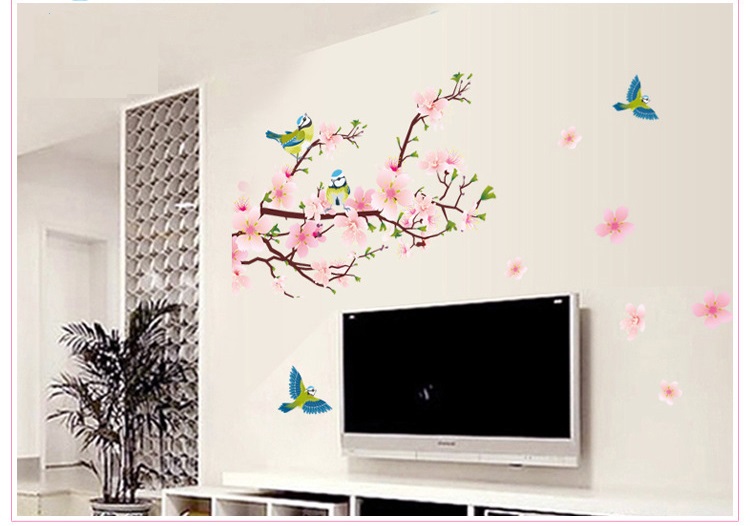Decal dán tường cô gái dưới hoa đào thơ mộng – combo trang trí