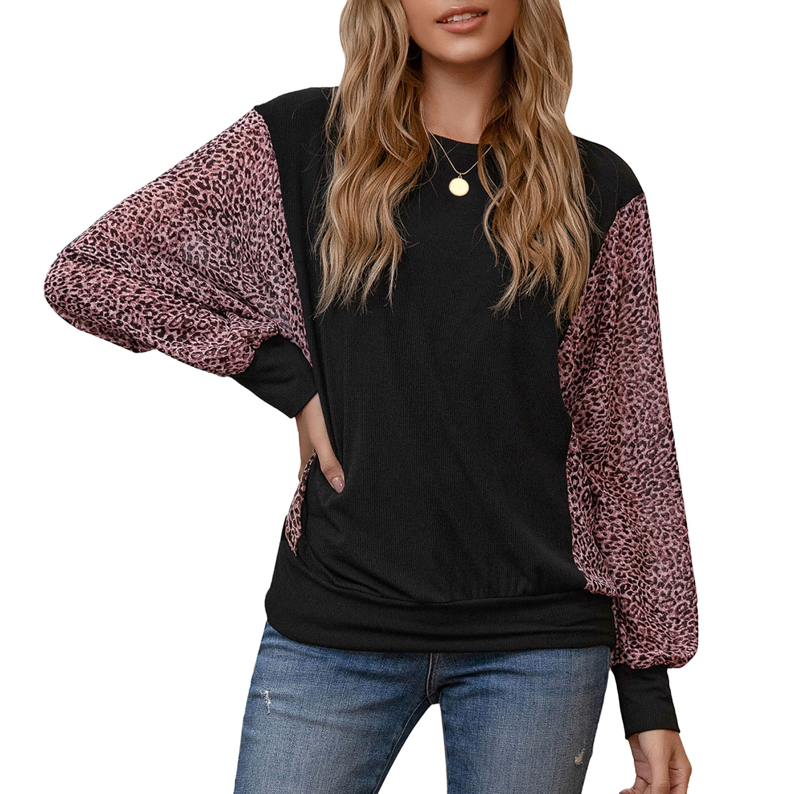 Women T-Shirt Leopard Splicing Batwing Long Sleeve O-neck Loose Streetwear Female Pullover Tops Fashion