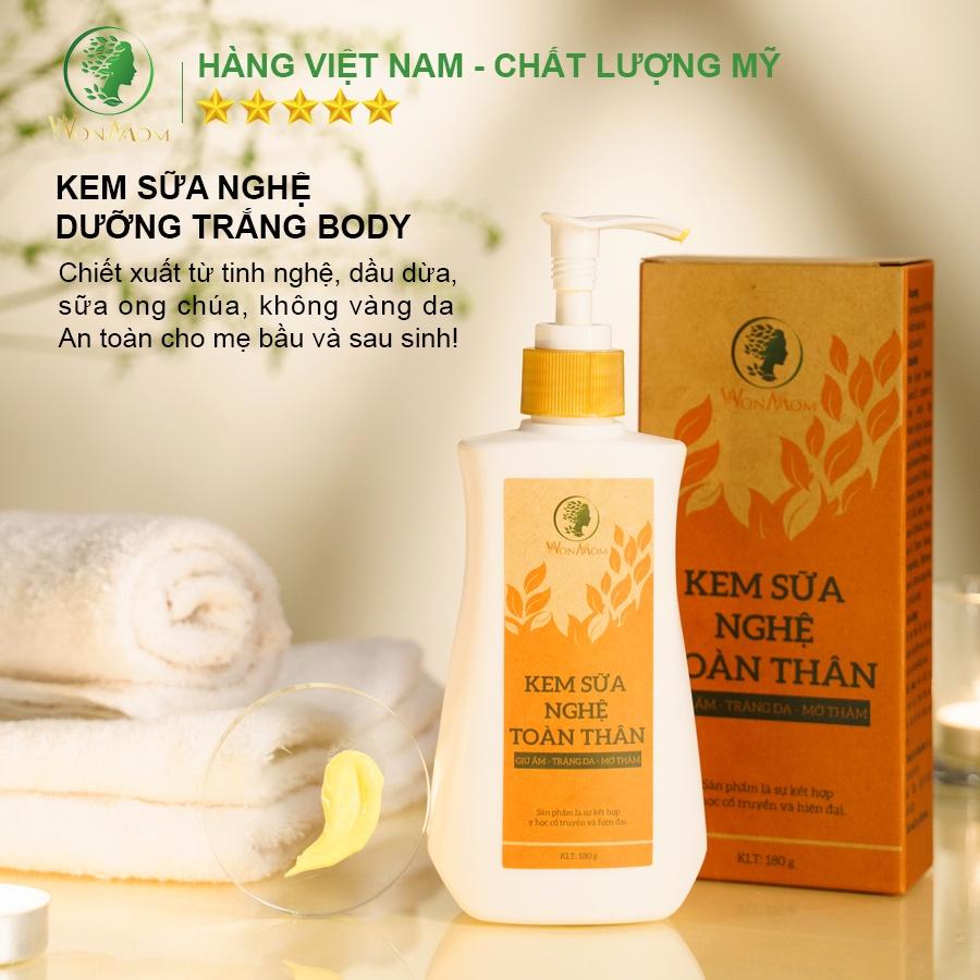 Bộ trắng da mặt và body toàn diện Wonmom ( Serum vitamin C + Kem nghệ tươi + Kem sữa nghệ toàn thân + Scrub café body )