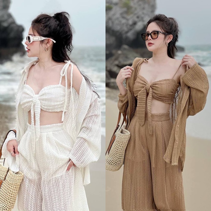 SET ĐI BIỂN ÁO CROPTOP BRA BIKINI  + ÁO SƠ MI FORM RỘNG PASTEL + QUẦN DÀI ỐNG RỘNG LƯNG CAO DẠO PHỐ ĐI CHƠI