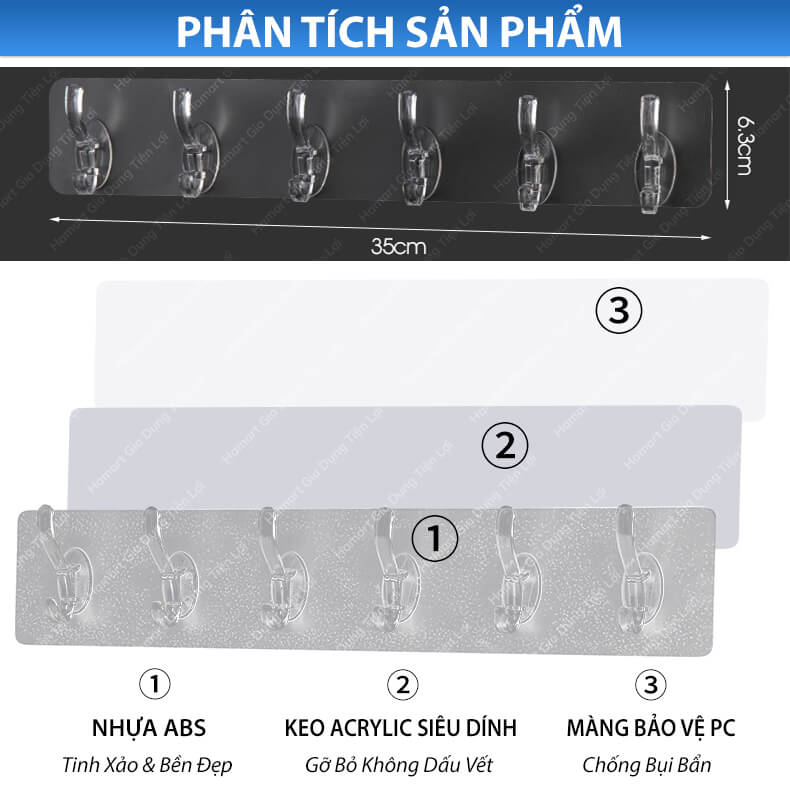 Móc Treo Quần Áo Dán Tường Tường 6 Nhánh Treo Khăn Phòng Tắm Nhà Bếp Đa Năng Siêu Dính Chịu Tải Lớn TẶNG Thanh Cán