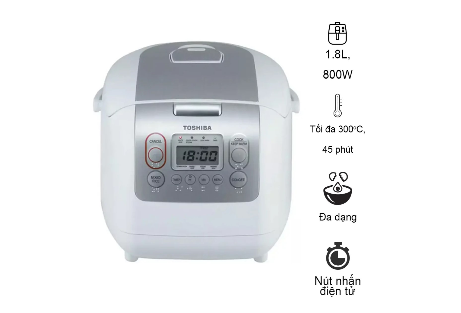 Nồi cơm điện tử Toshiba 1.8L RC-18NTFV(W) - Xuất xứ Thái lan - Lòng nồi hợp kim dày 4mm - Phù hợp cho gia đình 4-6 người - Hàng chính hãng - Bảo hành 12 tháng, chất lượng Nhật Bản