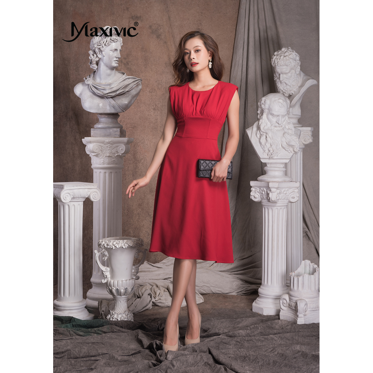 Đầm Sheath Lụa Cổ Nhún Tay Liền Maxivic M012306