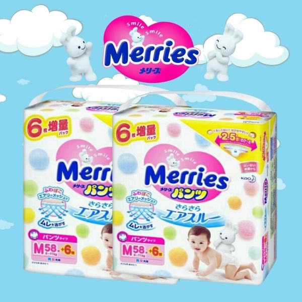 Bỉm - Tã quần Merries cộng miếng size M 58+6 miếng (Cho bé 6~11kg)