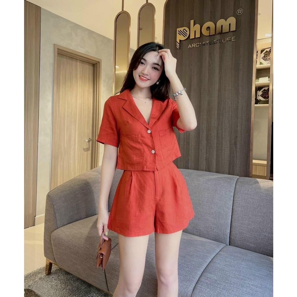 Sét bộ tuyết mưa áo vest croptop phối quần đùi ống rộng màu sắc xinh xắn dạo phố, đi biển