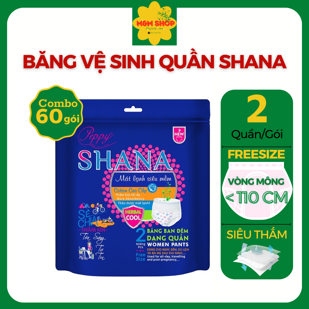 Combo 60 gói Băng vệ sinh quần Shana Freesize Siêu mềm Siêu thấm 2 quần/gói