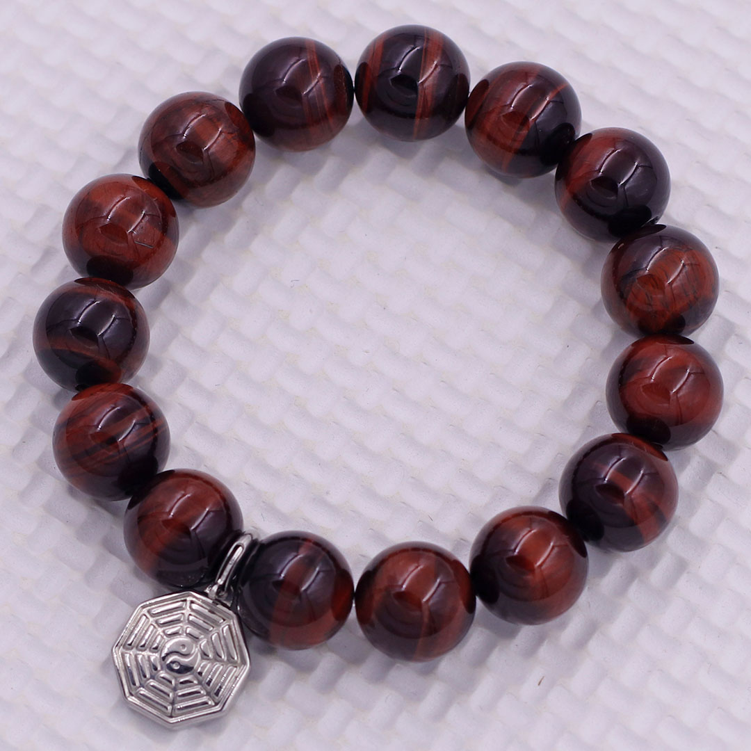 Vòng chuỗi đeo tay đá mắt hổ đen đỏ charm bát quái inox, vòng tay hạt chuỗi, vòng chuỗi phong thủy, vòng tay nam nữ