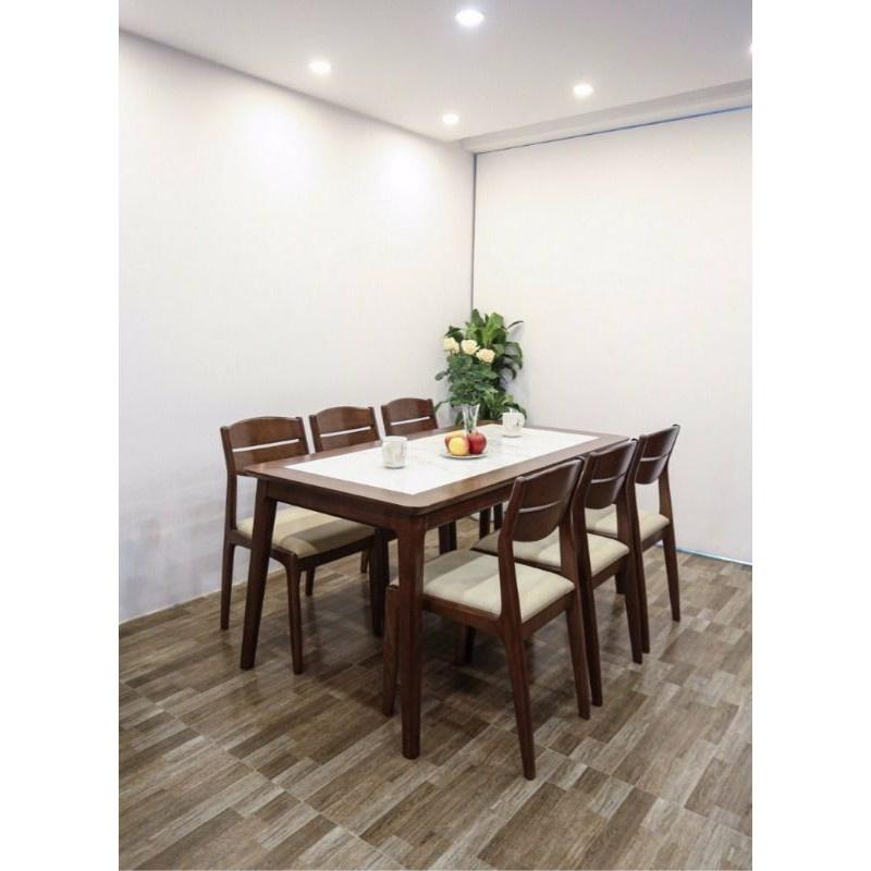 Bộ Bàn Ăn 6 Ghế Chân Chéo, Mặt Đá, Ghế Liền