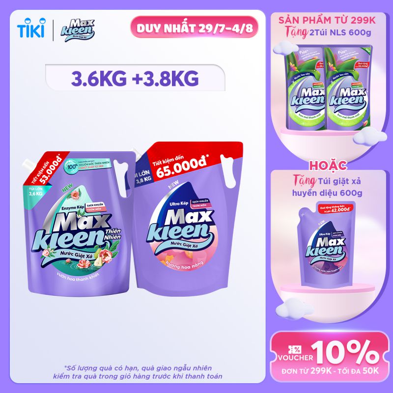 Combo Túi Nước Giặt Xả MaxKleen Thiên Nhiên 3.6kg + Túi Hoa Nắng 3.8kg