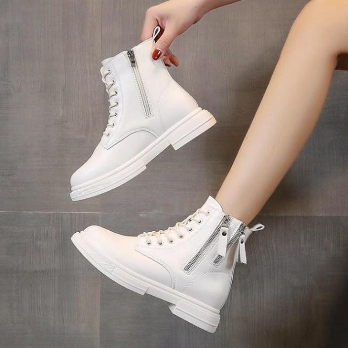 Giày Boots Nữ, Boots Nữ Cổ Thấp 3cm Hai Khóa Hot Hit Siêu Đẹp Hai Màu Đen Kem Minhtushoes Giày Nữ Cao cấp