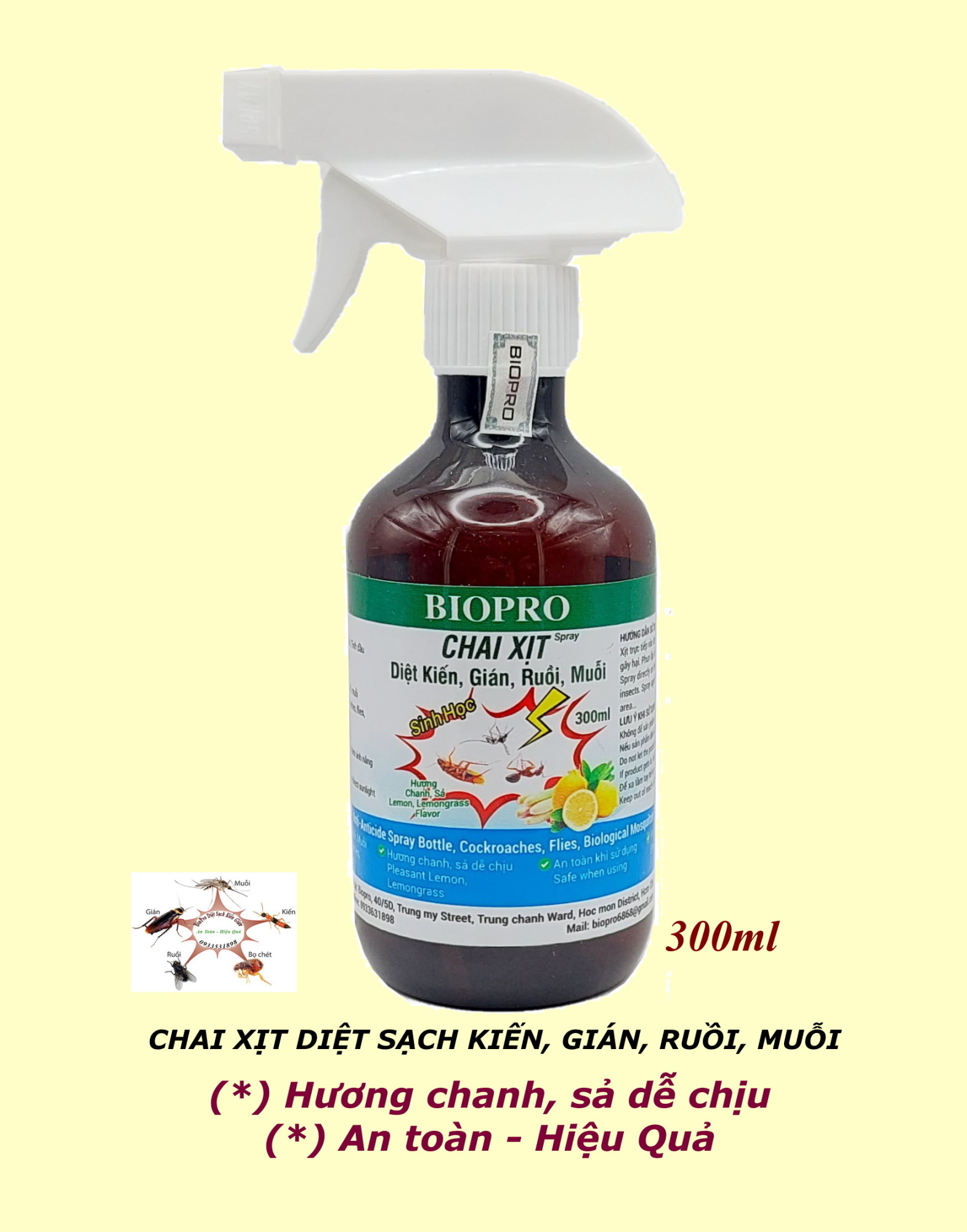 Chai 300ml. Chai xịt kiến gián sinh học Biopro Hương chanh sả dễ chịu, Diệt sạch kiến gián ruồi muỗi, An toàn, Hiệu quả