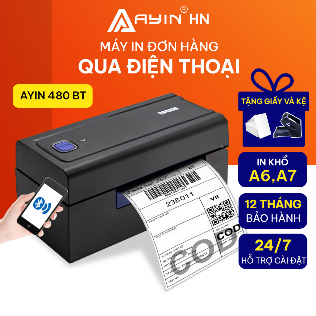 Máy In Nhiệt AYIN 480BT - In Đơn Hàng TMĐT, Hóa Đơn Vận Chuyển, Tem Nhãn Mã Vạch, Phiếu Gửi, Logo Không Cần Mực, Bill Thanh Toán, In Trên Điện Thoại, Máy In Khổ A6/A7 - Phiếu In Có Thể Dán Ngay - Kết Nối USB/Bluetooth - Hàng Nhập Khẩu