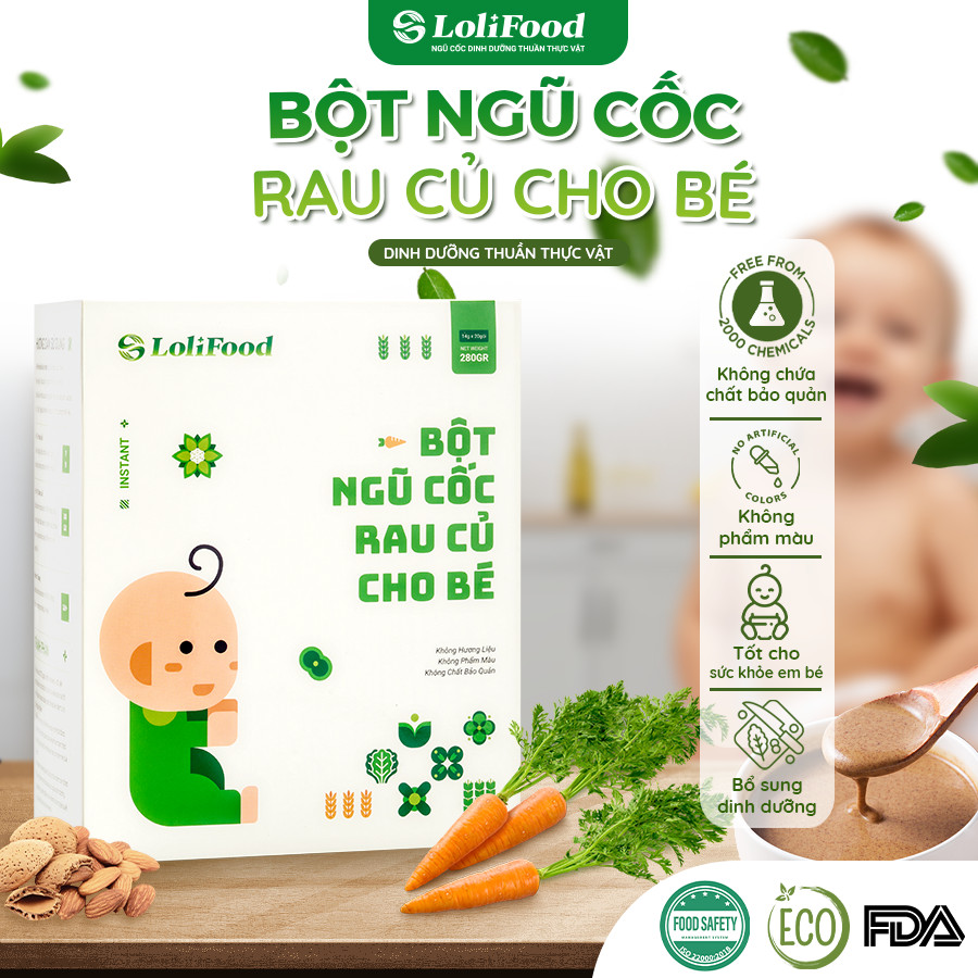 Ngũ Cốc Ăn Dặm Cho Bé LoliFood,Ngũ Cốc Rau Củ Hữu Cơ Ăn Dặm Cho Bé, 100% Tự Nhiên, Bổ Sung Chất Sơ, Phát Triển Toàn Diện Cho Bé 20 gói x14gr