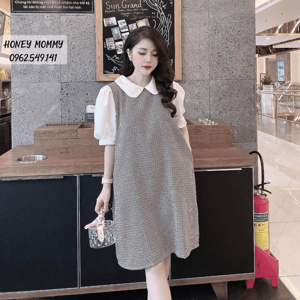 Váy Bầu Hè Kẻ Zigzag Cổ Sen Tay Bồng Váy Bầu Công Sở HD2812 Honey Mommy Đầm Bầu Mùa Hè Công Sở Đi Làm