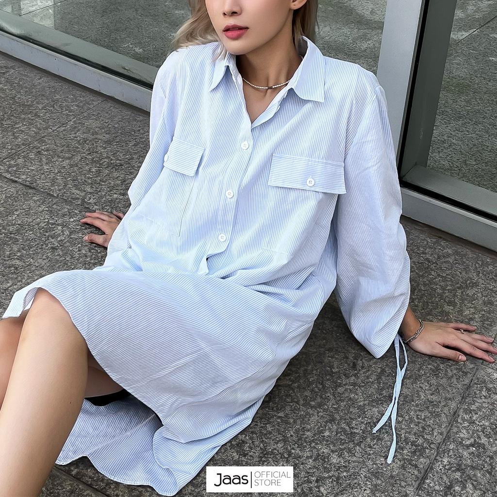 Đầm sơ mi nữ sọc xanh phom rộng tay rút dây