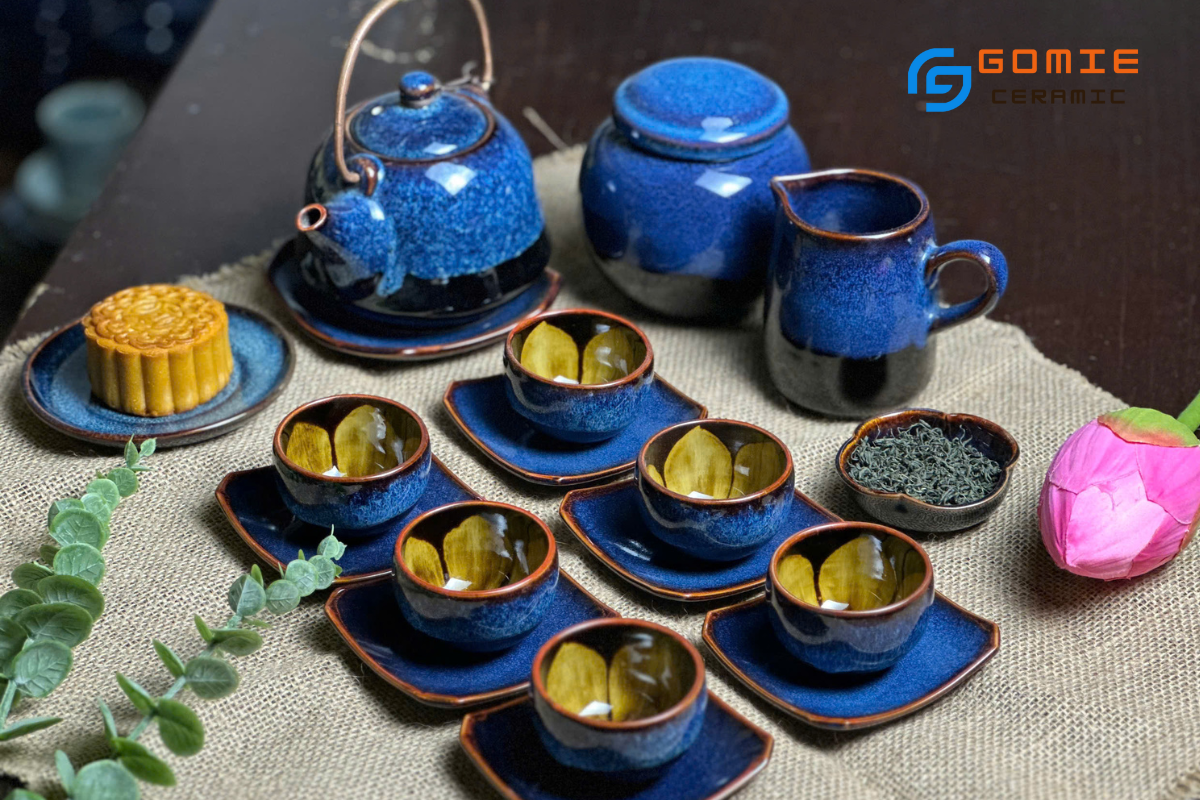 Bộ Ấm Bầu Quai Đồng Long Chén Đúc Hoa Hỏa Biến Xanh Sóng Biển đầy đủ phụ kiện
