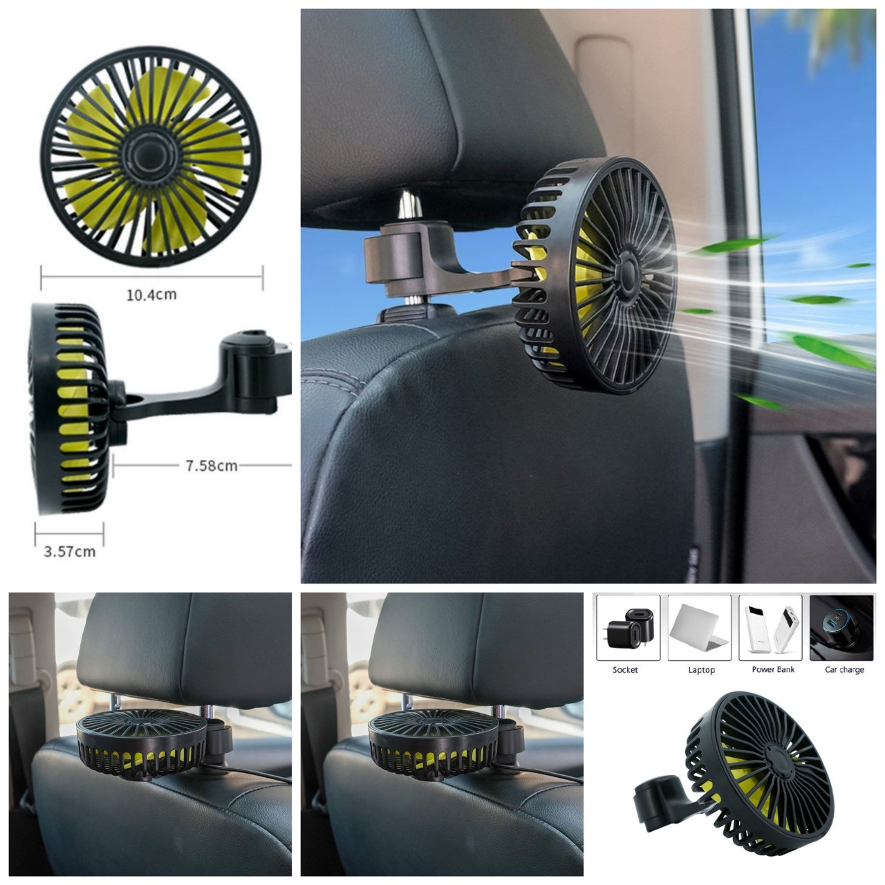 Quạt làm mát ghế sau xe hơi với 3 tốc độ gió mạnh mẫu mới loại tốt xoay 360 độ gấp gọn, phụ kiện xe hơi