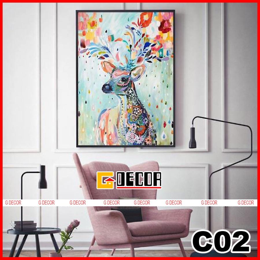 Tranh treo tường canvas 1 bức phong cách hiện đại Bắc Âu 02, tranh hươu tài lộc trang trí phòng khách, phòng ngủ, spa