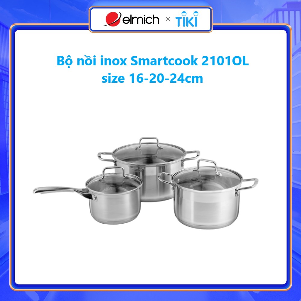 Bộ nồi inox  Smartcook 2101OL size  16-20-24cmBộ nồi inox  Elmich 2101OL size  16-20-24cm