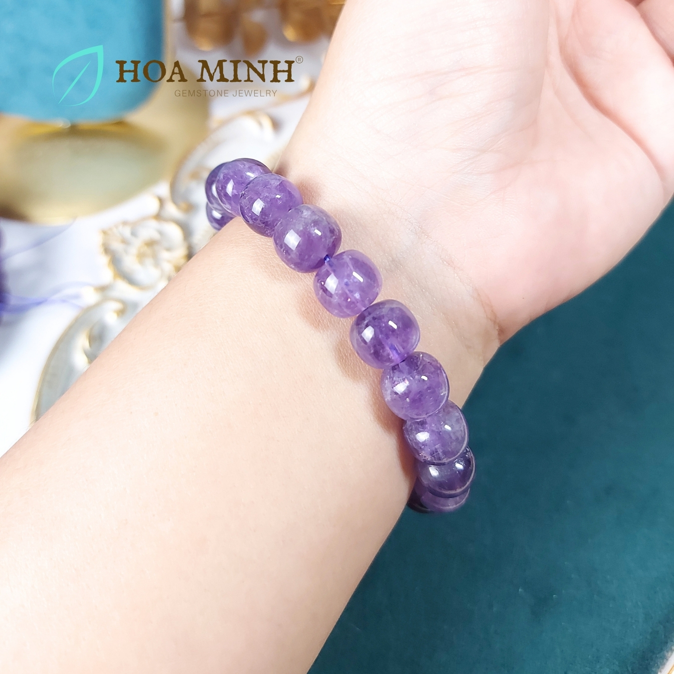 Vòng tay đá Thạch Anh Tím Amethyst tự nhiên hạt vuông bo tròn size 11 li phong cách cổ điển, hoàng gia