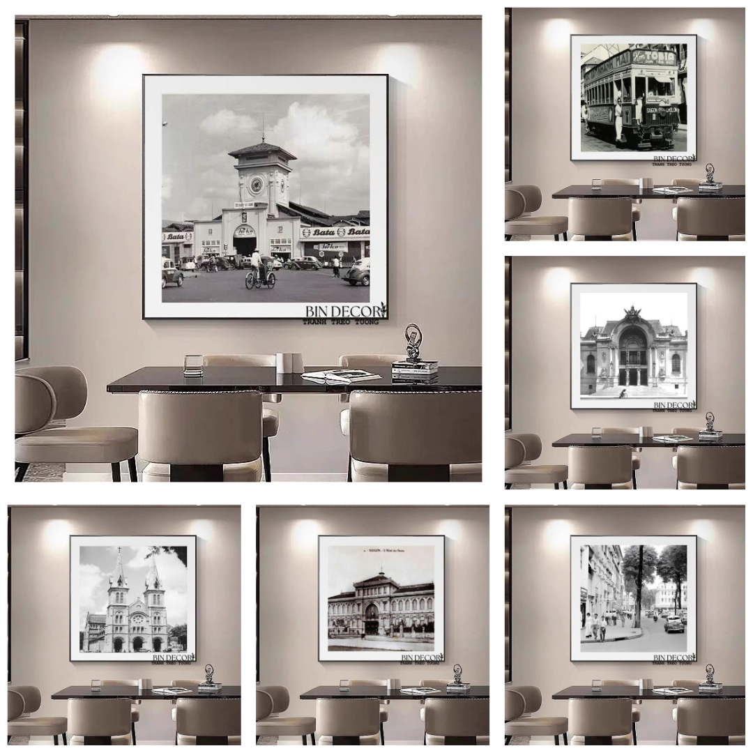 (ẢNH THẬT) Tranh  treo tường sài gòn xưa 4 trắng đen có khung kèm đinh treo