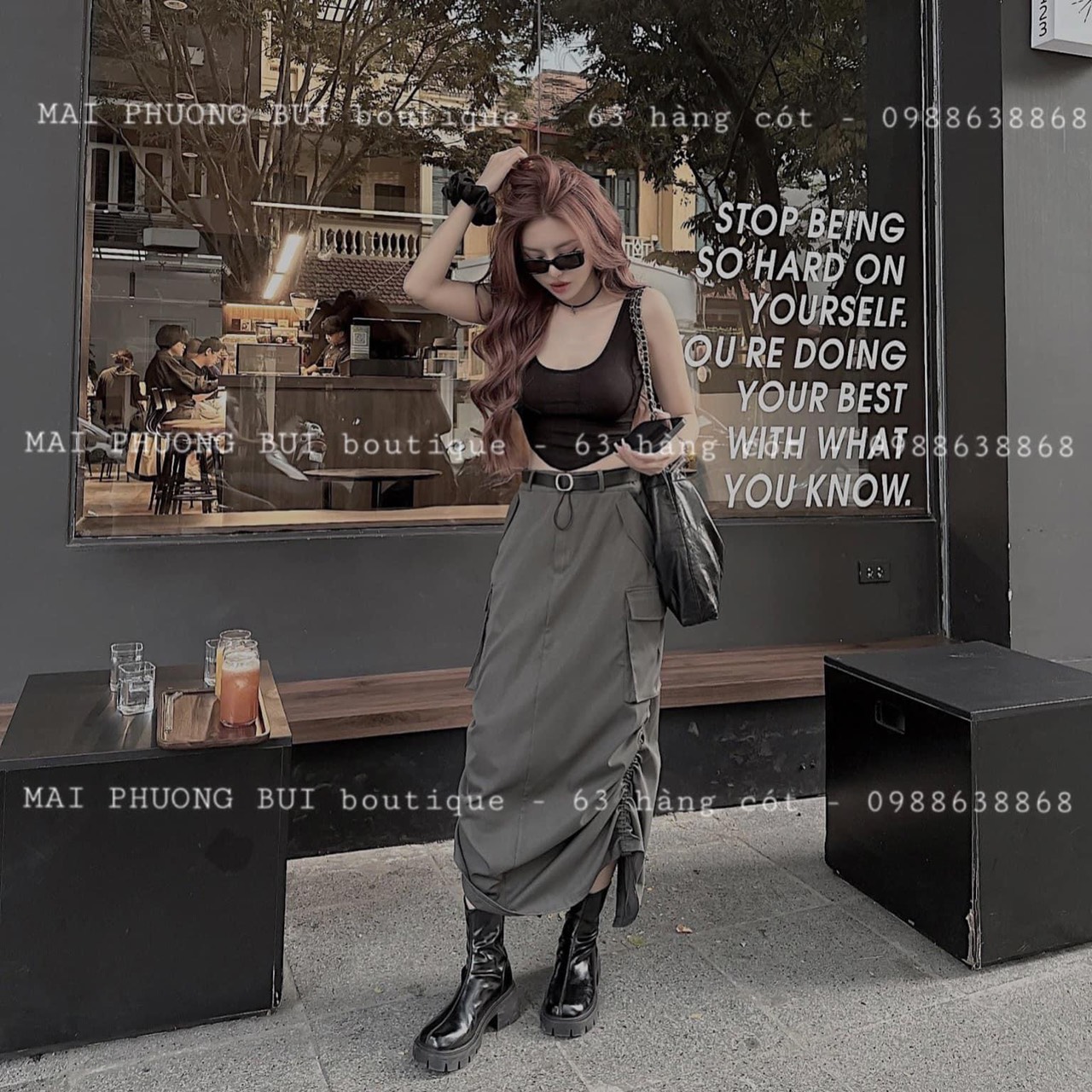 SET ÁO CROPTOP + CHÂN VÁY DÀI DÂY RÚT TÚI HỘP