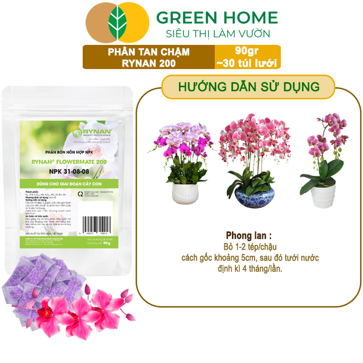 Phân Tan Chậm GreenHome, Rynan 200, Bao 90gr ~ 30 Túi Lưới 3gr, Dành Cho Giai Đoạn Phong Lan Cây Con