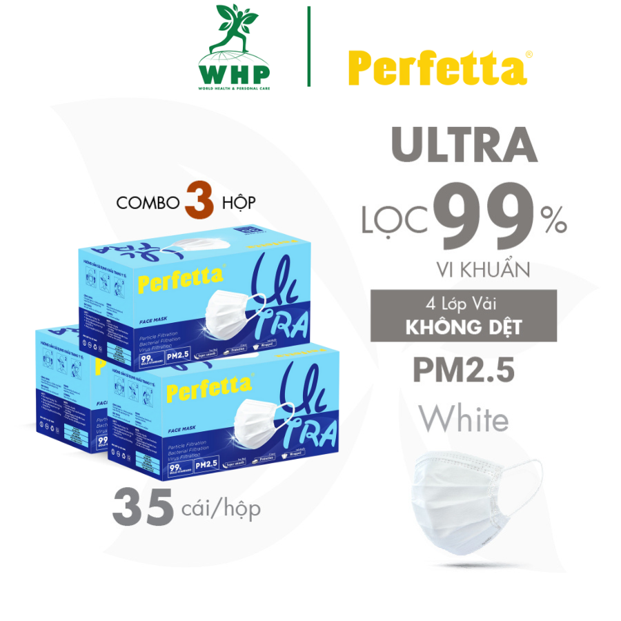 Combo 3 hộp Khẩu trang y tế 4 lớp Perfetta Ultra Lọc bụi, kháng khuẩn, kháng vi rút, lọc bụi mịn 2.5  35 cáihộp – TRẮNG