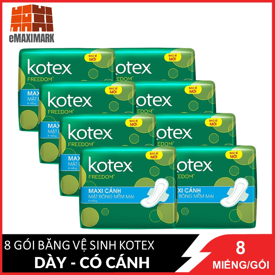 Combo 8 Băng Vệ Sinh Maxi 23cm Kotex FreeDom Mặt Bông Mềm Mại 8 miếng