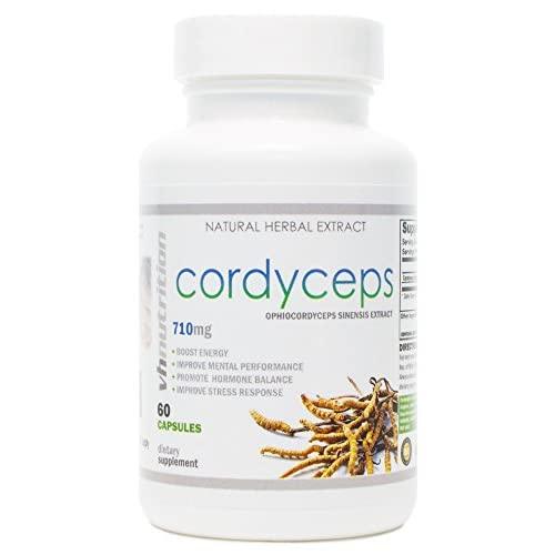 Cordyceps Capsules | 710mg Sinensis Mushroom Extract | 7% Cordycepic Acid Formula | Natural Adaptogen to Improve Mental Clarity and Focus | VH Nutrition | 30 Day Supply