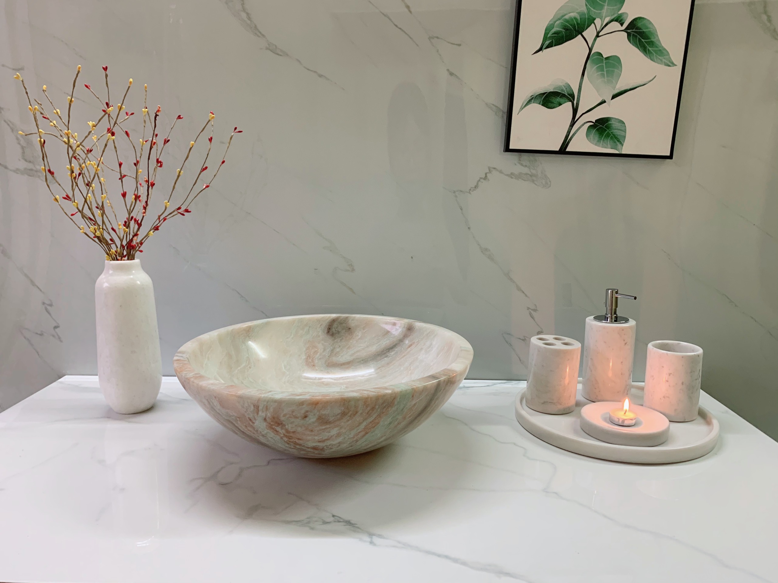 LAVABO ĐẶT BÀN ĐÁ ĐÁ TỰ NHIÊN TRÒN MỎNG MÀU XANH ONYX ON80