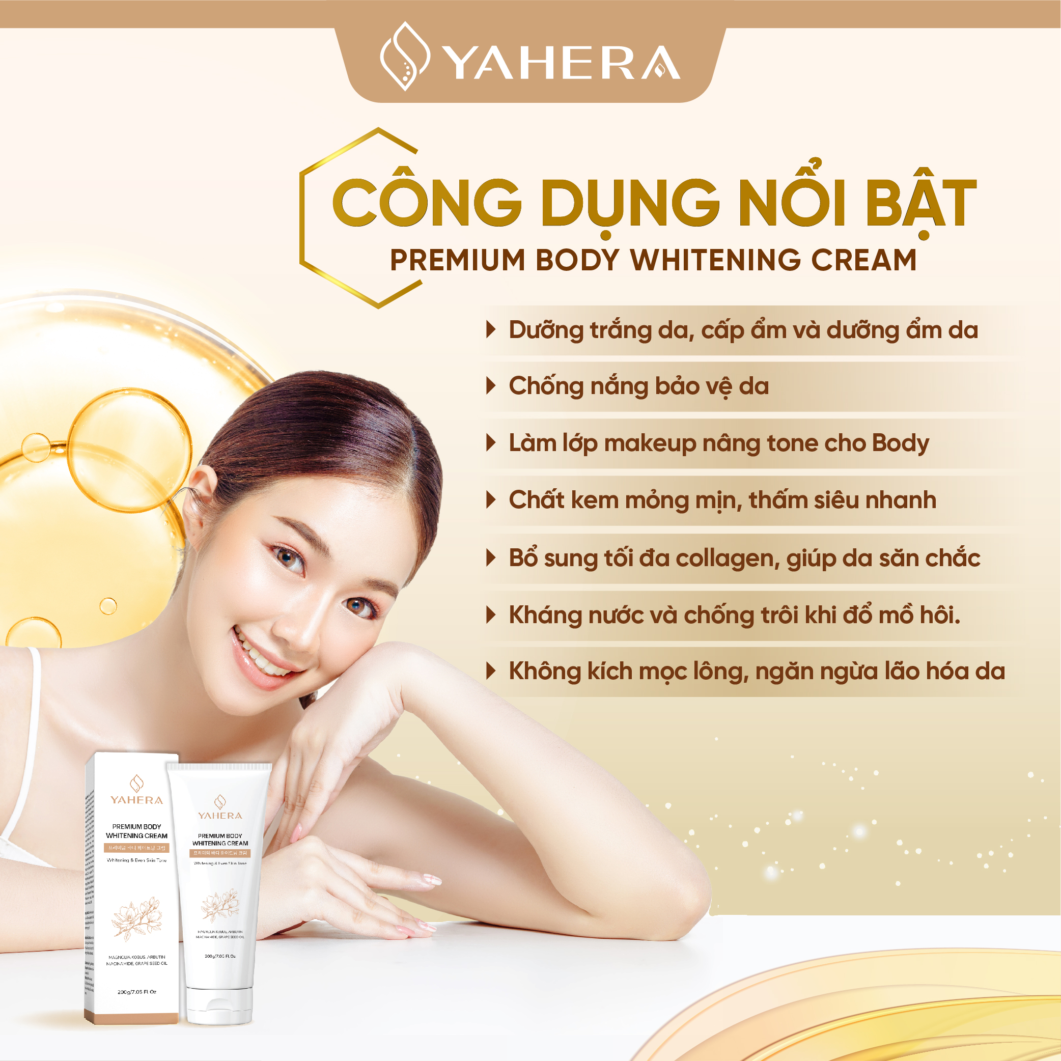 Kem dưỡng trắng da toàn thân YAHERA Premium Body Whitening Cream giúp dưỡng trắng, dưỡng ẩm, chống nắng, chống lão hóa, da mềm mịn màng hơn 200g