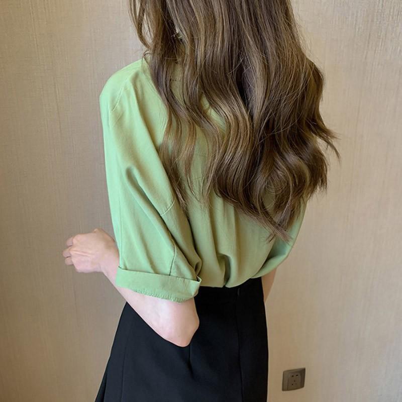 Áo sơ mi nữ tay ngắn thiết kế màu trơn phong cách cổ điển