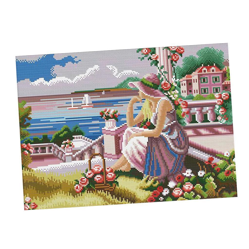 Stamped Cross Stitch Kit Pre-Printed Pattern Embroidery Kits - Flower & Girl