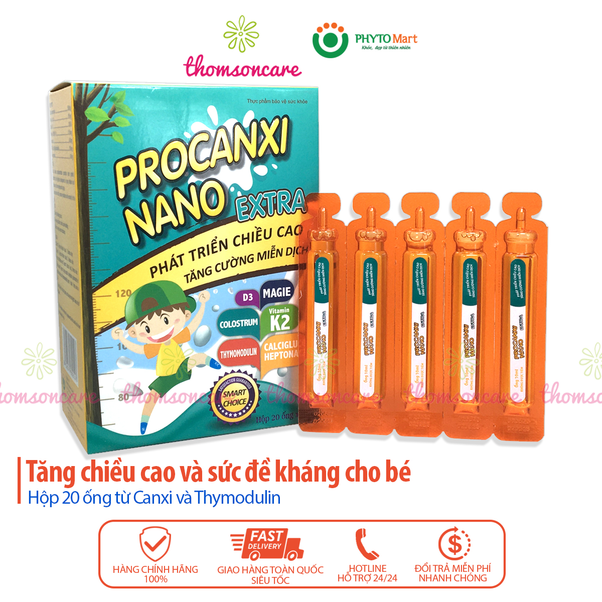 Procanxi Nano Extra - Bổ sung canxi, tăng chiều cao và đề kháng cho bé với Thymodulin và FOS - Hộp 20 ống tiện lợi