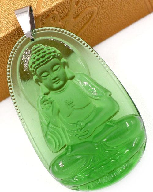 Vòng cổ dây cao su đen mặt Phật A Di Đà pha lê xanh lá 5cm DEFNXL7 - Phật bản mệnh tuổi Tuất, Hợi - Mặt size lớn