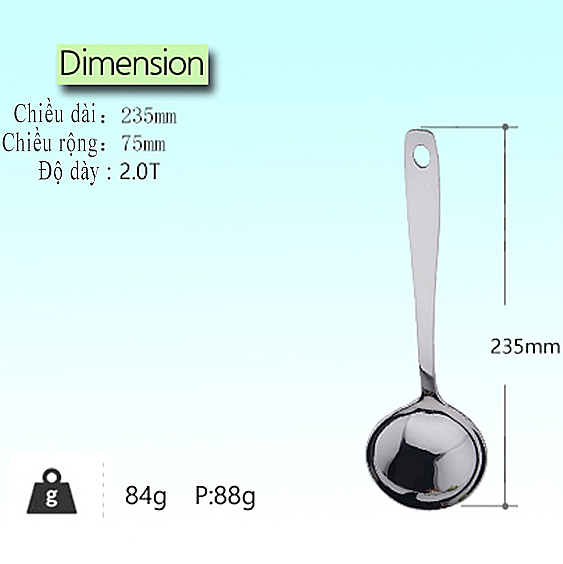 Muôi múc canh cỡ nhỏ dài 23.5cm, rộng 7.5cm bằng thép không gỉ an toàn sức khỏe GGOMi Hàn Quốc GG468