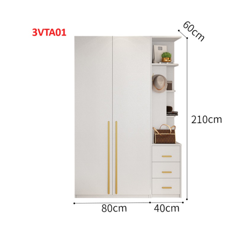 Tủ quần áo thiết kệ hiện đại - Tủ quần áo gỗ MDF 3ATA01A - Nội thất lắp ráp Viễn Đông ADV