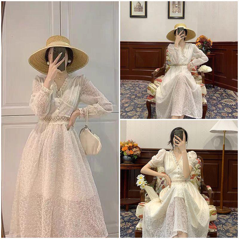 Váy ren trắng cổ V eo kiểu Pháp
