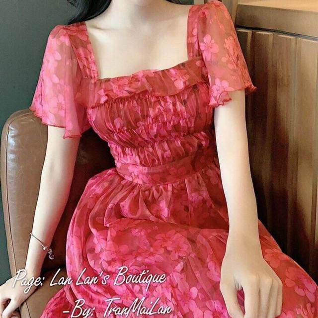 Đầm xoè hoạ tiết hoa đào nổi xếp bèo xinh lung linh kèm hình thật
