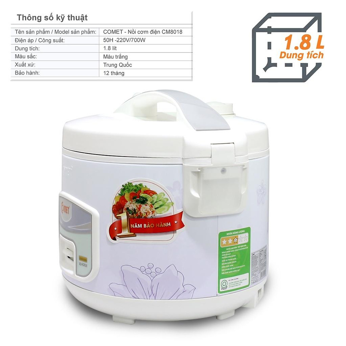 Nồi cơm điện Comet CM8018 - Nồi cơ nắp gài, 1.8 lít, 700W - Hàng Chính Hãng