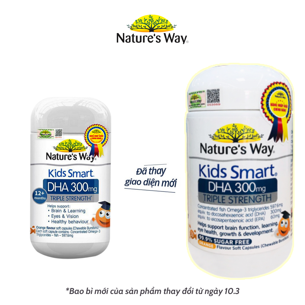 Viên Nhai Cho Bé Nature's Way Kids Smart DHA 300mg Triple Strength Tăng Cường Sự Phát Triển Toàn Diện 50 Viên