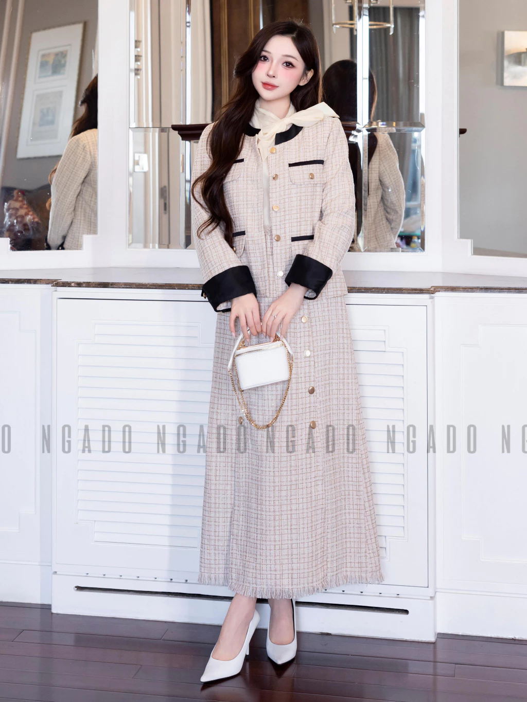 Set áo váy tweed kem NGADO , set áo kèm chân váy dáng dài