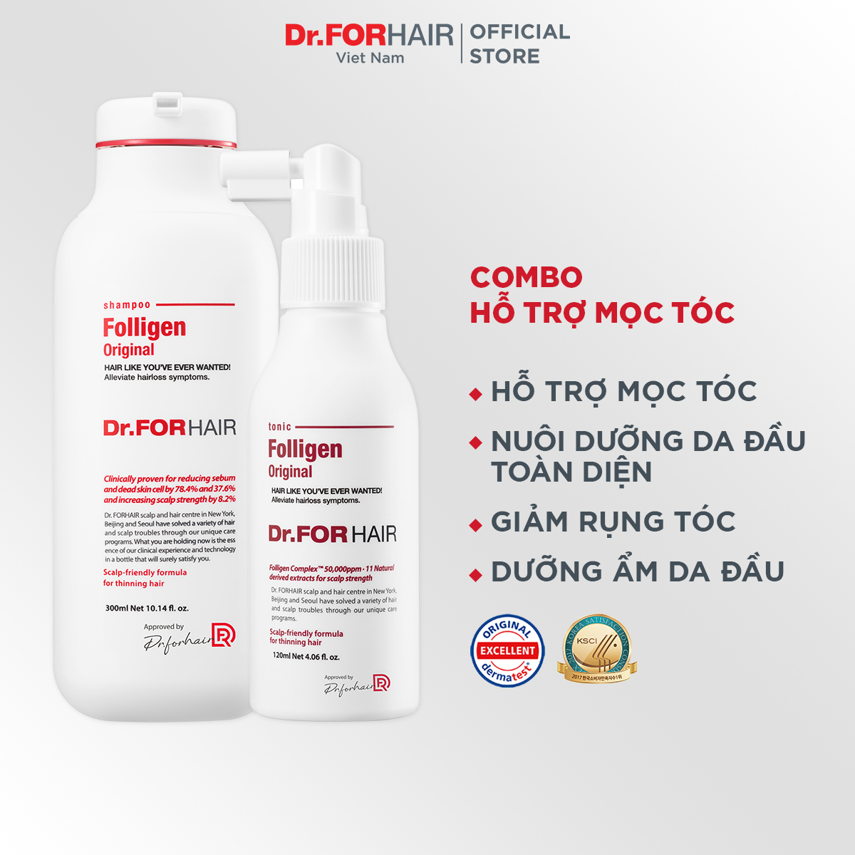 Combo gội dưỡng hỗ trợ mọc tóc giảm rụng tóc nuôi dưỡng da đầu Dr.FORHAIR Folligen Original Shampoo 300ml x Folligen Tonic Original 120ml