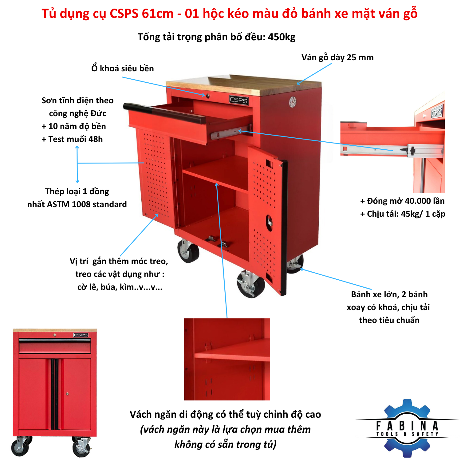 Tủ dụng cụ CSPS 61cm - 01 hộc kéo màu đỏ mặt ván gỗ