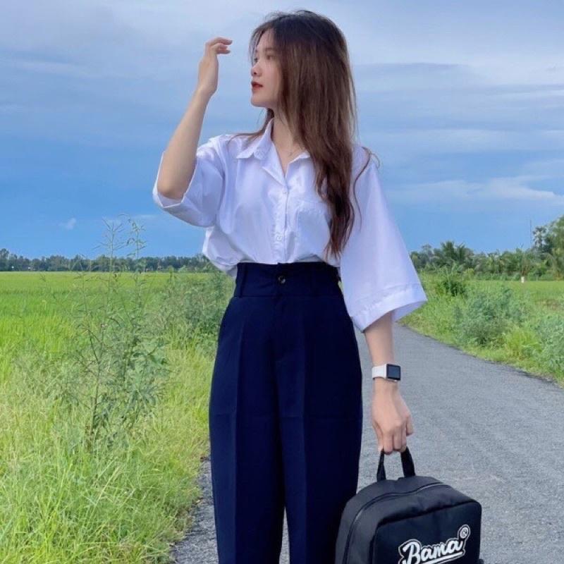 Áo Sơ Mi Nữ Form Rộng Tay Lỡ Kiểu Dáng Basic Dáng Suông Style Đi Học Hàng Loại 1