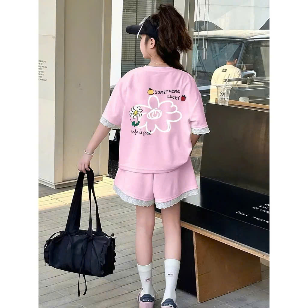 BỘ THUN NGẮN TAY BÉ GÁI VIỀN REN IN HOA DIỆN HÈ NĂNG ĐỘNG TỪ 12-45KG CHO BÉ GÁI