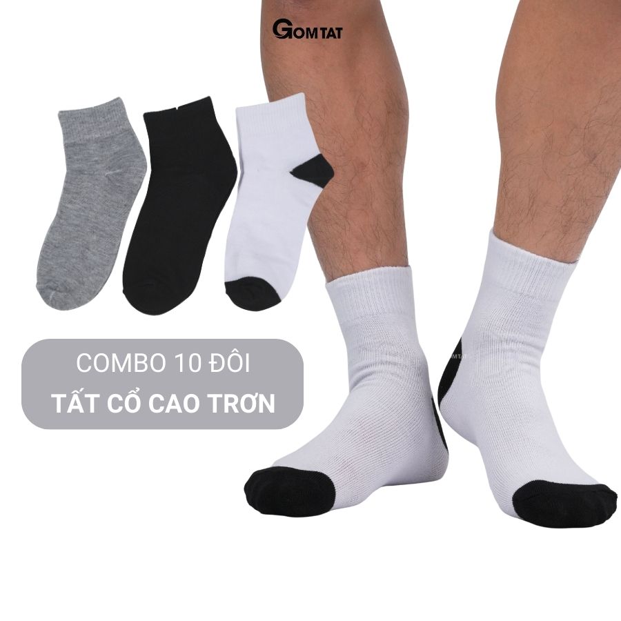 Combo 10 đôi tất vớ nam nữ cổ cao trơn màu GOMTAT, chất liệu mềm mại thoáng mát, êm chân - TAT-TRONCAO-VNXK-CB10